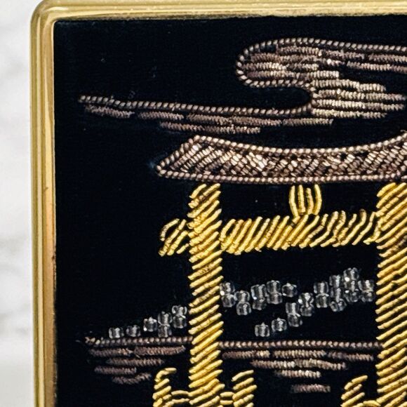 Vintage Compact Mirror Japan Black Velvet Beaded Gold Tone New Light - Picture 5 of 16